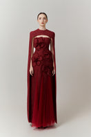 Red Preston Cape Tweed Petal Gown by Happy Clothing, featuring a stylish tweed fabric and elegant petal design.