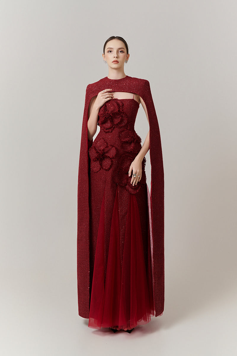 PRESTON CAPE TWEED PETAL MAXI DRESS IN RED - CULT MIA