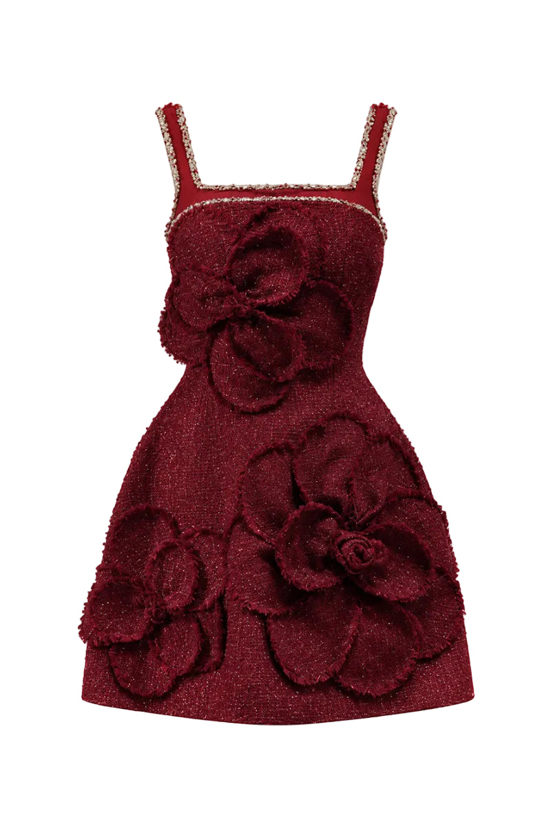 HAPPY CLOTHING CULT MIA X floral tweed mini dress featuring a stylish, fitted silhouette with vibrant floral patterns.