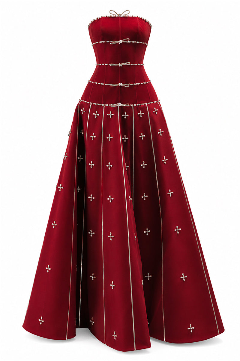 HAPPY CLOTHING CULT MIA X strapless stone organza gown with a terry fabric texture, elegant and flowing for formal occasions.