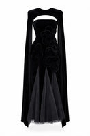 HAPPY CLOTHING CULT MIA X PRESTON Cape Tweed Petal Gown, elegant floral design, soft fabric, and stylish fit.