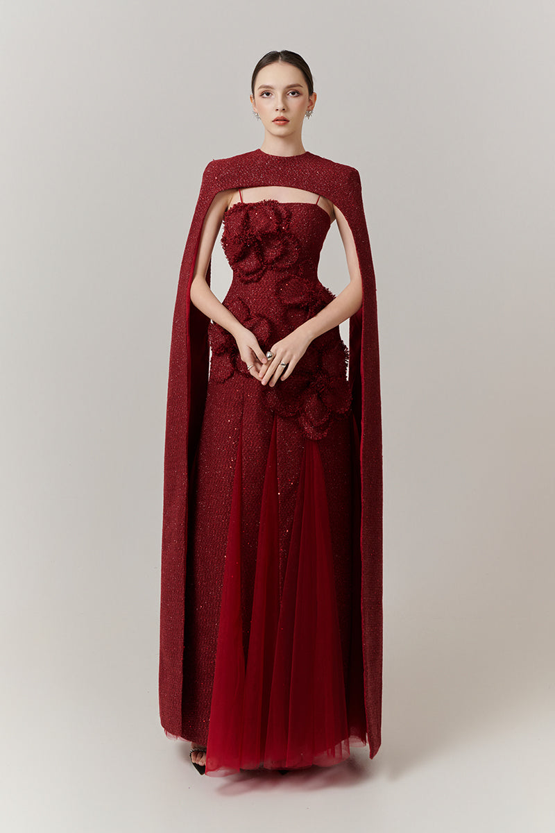 PRESTON CAPE TWEED PETAL MAXI DRESS IN RED - CULT MIA