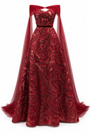 HAPPY CLOTHING CULT MIA X burgundy flower wave A-line maxi gown with matching scarf, flowing fabric and floral pattern.