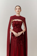 Red Preston Cape Tweed Petal Gown by Happy Clothing, featuring a stylish layered design and textured tweed fabric.