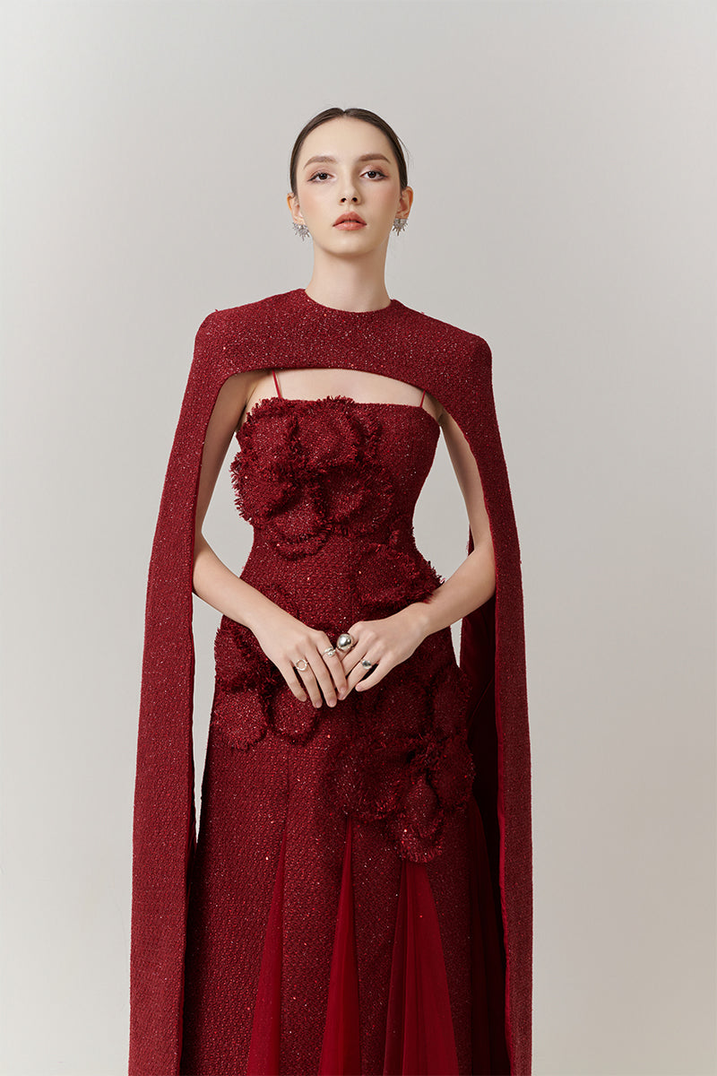 Red Preston Cape Tweed Petal Gown by Happy Clothing, featuring a stylish layered design and textured tweed fabric.