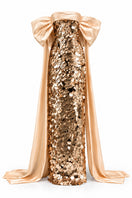 HAPPY CLOTHING CULT MIA X gown with paillette bow-sleeve design, featuring a shimmering fabric and elegant silhouette.