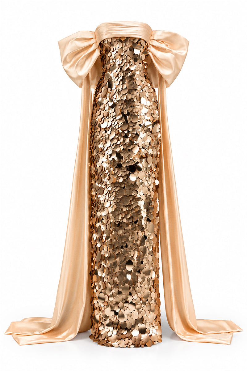 HAPPY CLOTHING CULT MIA X gown with paillette bow-sleeve design, featuring a shimmering fabric and elegant silhouette.