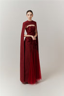 Red Preston Cape Tweed Petal Gown by Happy Clothing, elegant gown with tailored design and petal detailing, ideal for formal occasions.