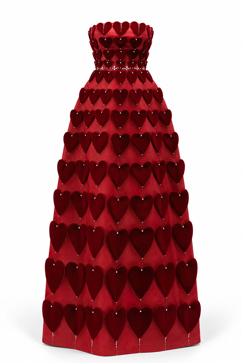 HAPPY CLOTHING CULT MIA X burgundy gown with embellished heart motif, elegant long dress with decorative details.