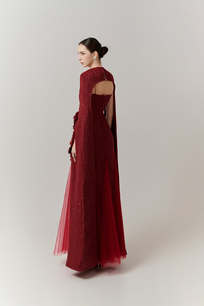 Red Preston Cape Tweed Petal Gown by Happy Clothing, elegant gown with petal details and tweed fabric for special occasions.