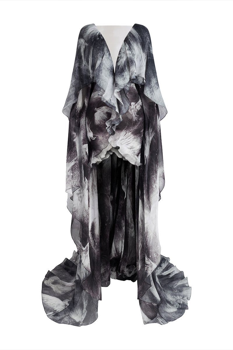 Black Le Thanh Hoa Soaring Doves maxi dress featuring a flowing, elegant silhouette and intricate dove-themed embroidery.