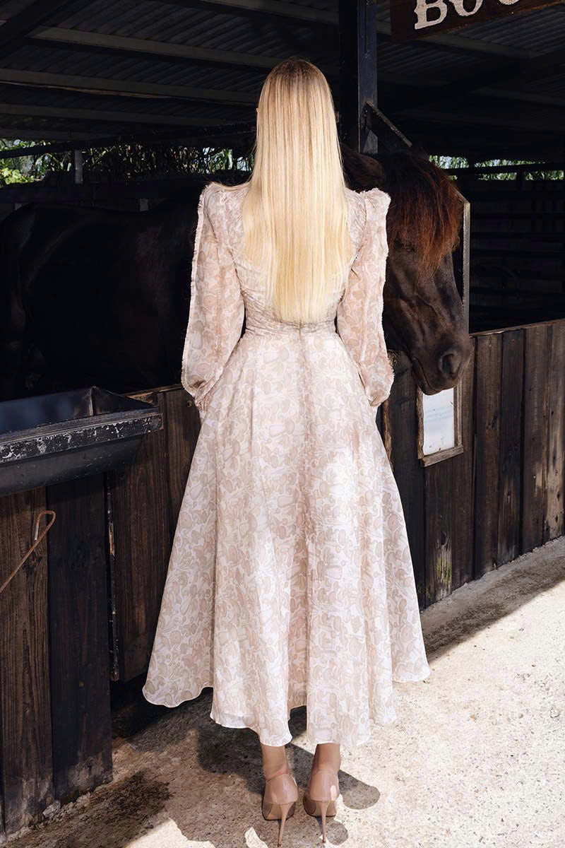 MUSHROOM MIDI DRESS WITH FEATHER ON HAND - CULT MIA