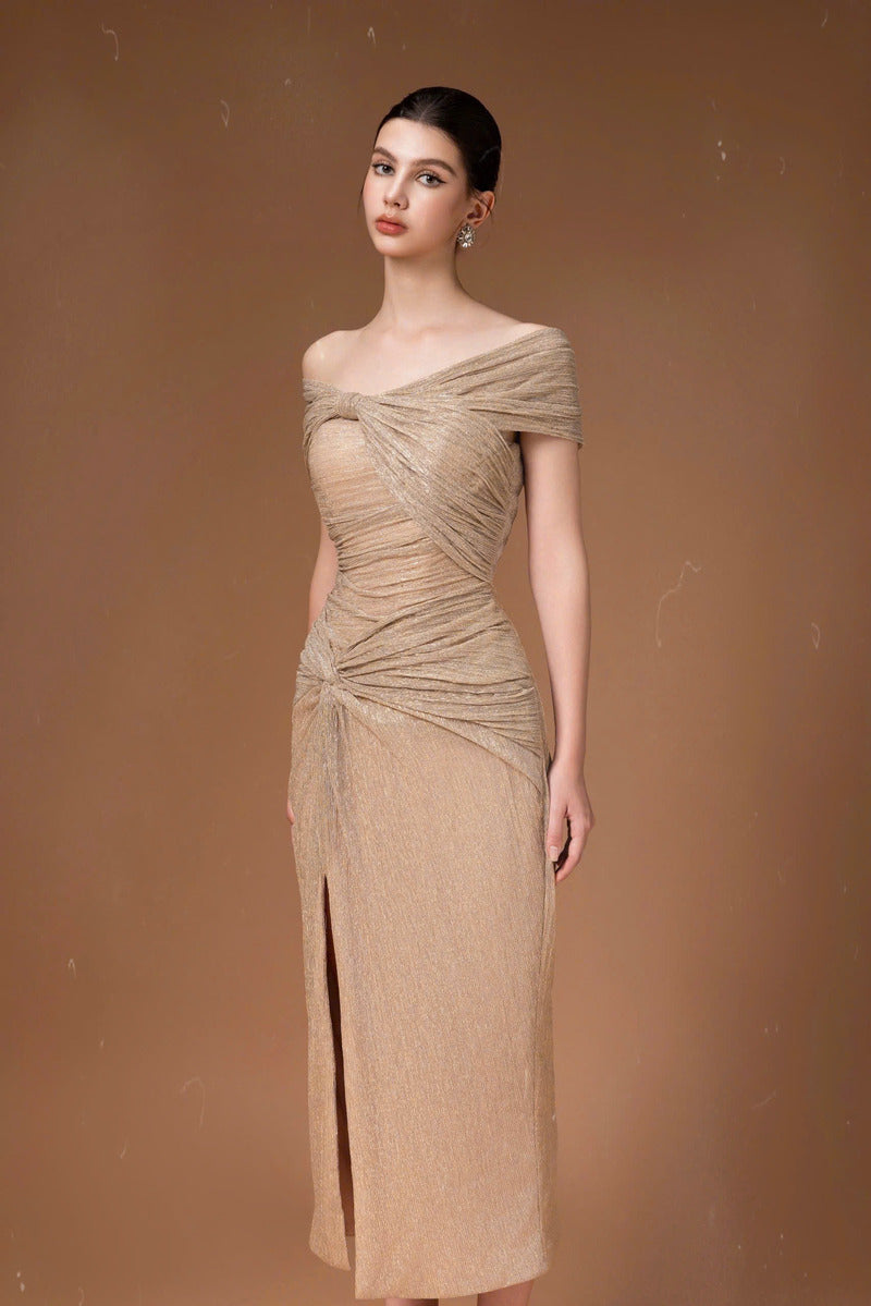 OFF SHOULDER MIDI DRESS IN NUDE | CULT MIA | HACCHIC COUTURE OFF SHOULDER MIDI DRESS IN NUDE | CULT MIA | HACCHIC COUTURE