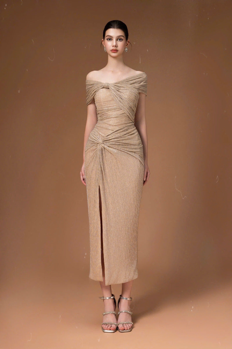 OFF SHOULDER MIDI DRESS IN NUDE | CULT MIA | HACCHIC COUTURE OFF SHOULDER MIDI DRESS IN NUDE | CULT MIA | HACCHIC COUTURE