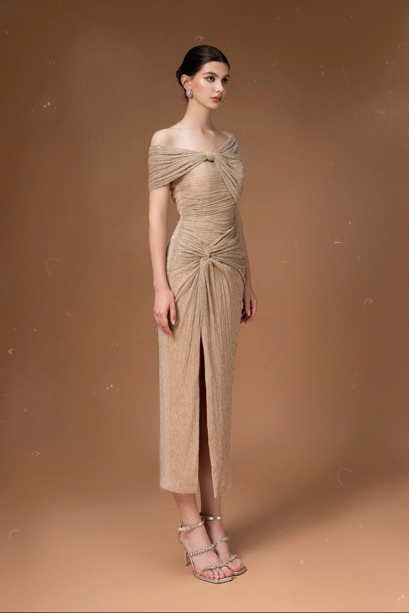 off the shoulder dress nude Nude Beaded Gown with Off-Shoulder Fringe and High Slit GL3621