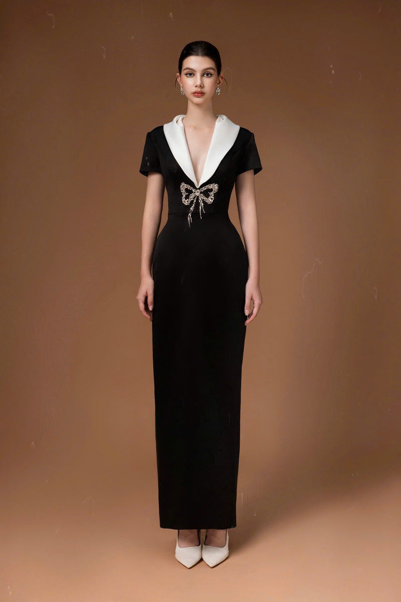 SWEETHEART BOWTIE LONG DRESS IN BLACK - CULT MIA