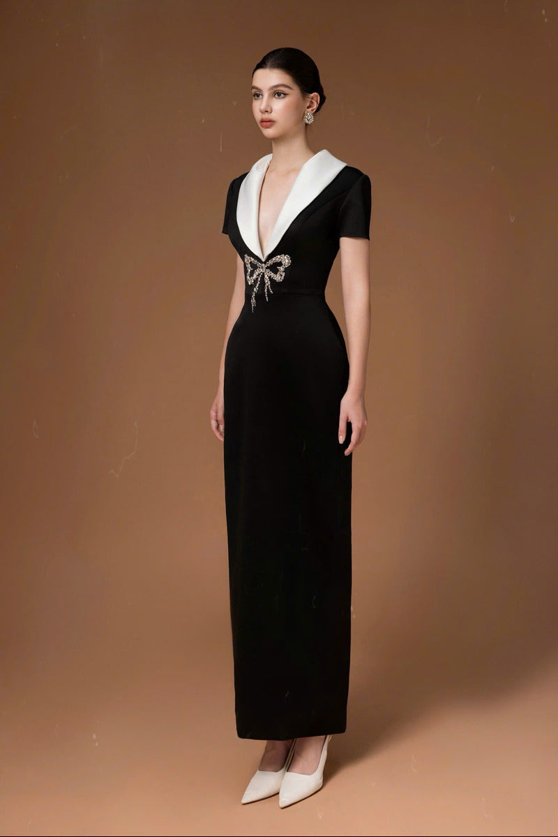 SWEETHEART BOWTIE LONG DRESS IN BLACK - CULT MIA