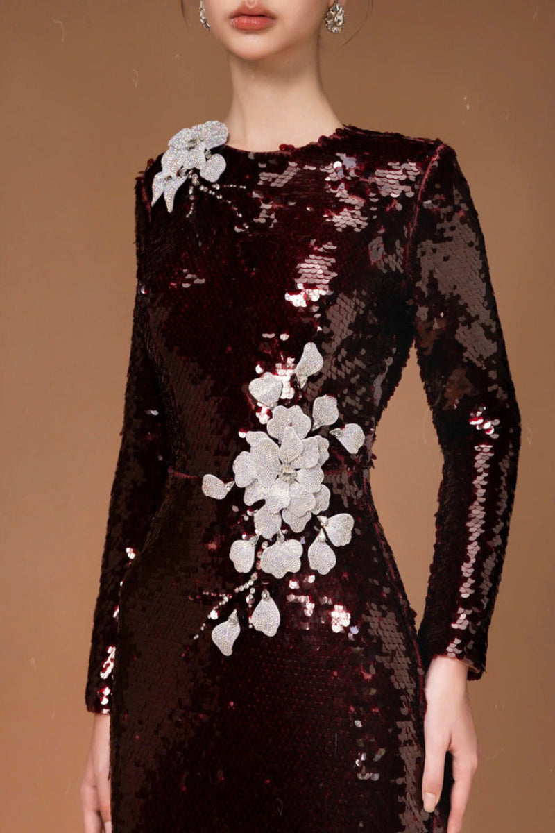 LONG SLEEVE SEQUIN FLOWER LONG DRESS | CULT MIA