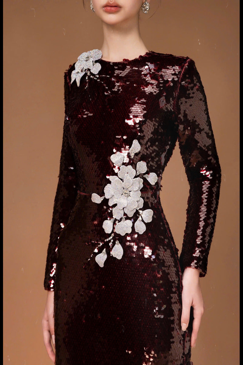 LONG SLEEVE SEQUIN FLOWER LONG DRESS - CULT MIA