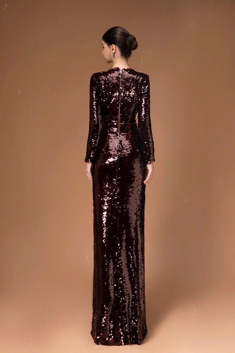 LONG SLEEVE SEQUIN FLOWER LONG DRESS - CULT MIA