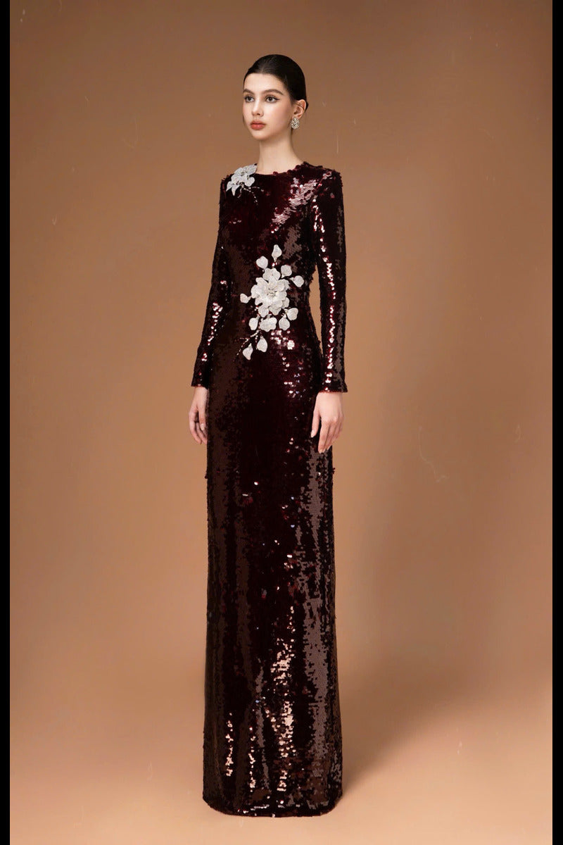 LONG SLEEVE SEQUIN FLOWER LONG DRESS - CULT MIA