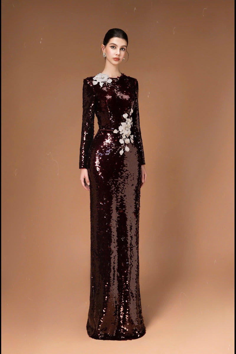 LONG SLEEVE SEQUIN FLOWER LONG DRESS - CULT MIA