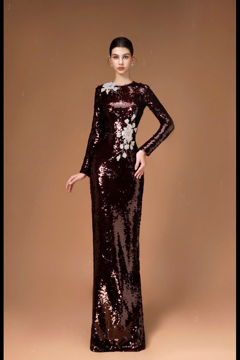 LONG SLEEVE SEQUIN FLOWER LONG DRESS - CULT MIA