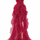 HAPPY CLOTHING CULT MIA X burgundy sculpted petal one-shoulder gown displayed on a mannequin.