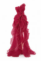 HAPPY CLOTHING CULT MIA X burgundy sculpted petal one-shoulder gown displayed on a mannequin.