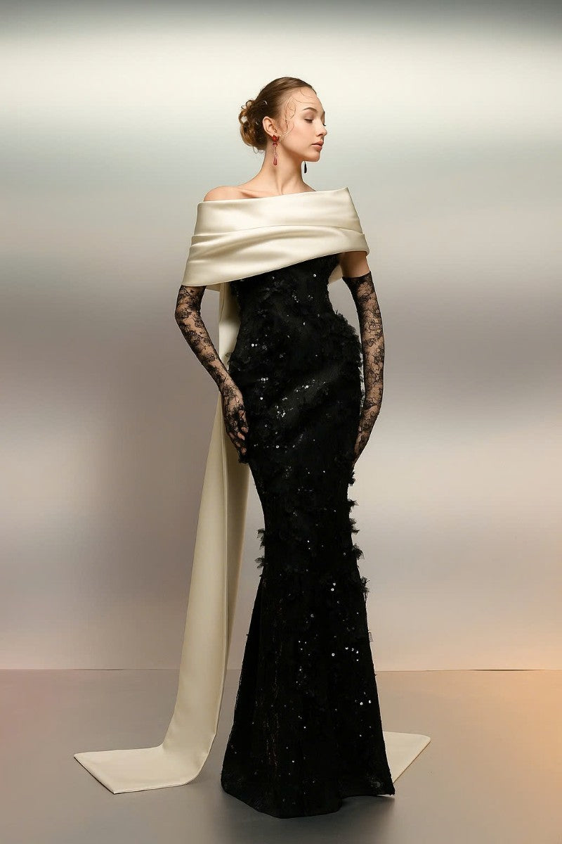 NARGES SEQUIN LACE AND SILK TAFFETA DRESS IN BLACK AND WHITE - CULT MIA