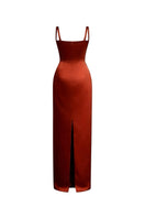 Hacchic Couture Amelia strap gown in champagne orange with elegant draping and a fitted silhouette.