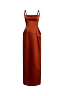 HACCHIC COUTURE Amelia strap dress in champagne orange, elegant gown with a fitted bodice and flowing skirt, perfect for formal occasions.