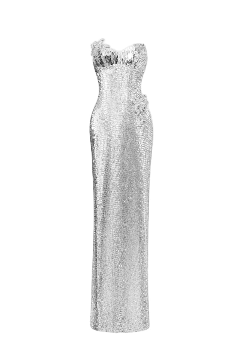 SELENE WAVE SEQUIN CORSET DRESS IN SILVER - CULT MIA