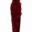 HAPPY CLOTHING CULT MIA X strapless burgundy velvet gown displayed on a hanger with elegant draping and rich fabric texture.