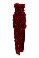 HAPPY CLOTHING CULT MIA X strapless burgundy velvet gown displayed on a hanger with elegant draping and rich fabric texture.