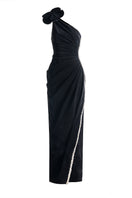 Elegant one-shoulder velvet gown with floral details from Happy Clothing, featuring a flowing silhouette and luxurious fabric.