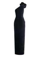 Elegant one-shoulder velvet gown with floral details by Happy Clothing, featuring a sleek design and intricate floral accents.