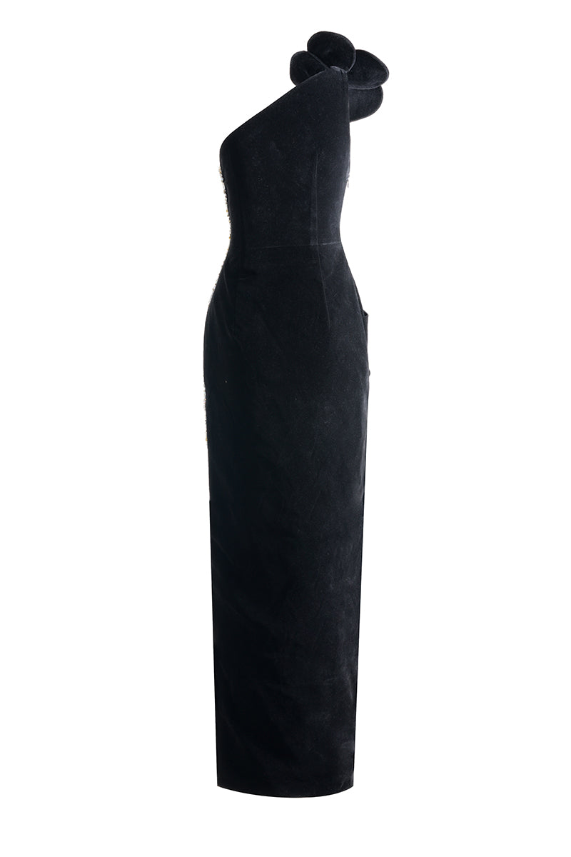 Elegant one-shoulder velvet gown with floral details by Happy Clothing, featuring a sleek design and intricate floral accents.