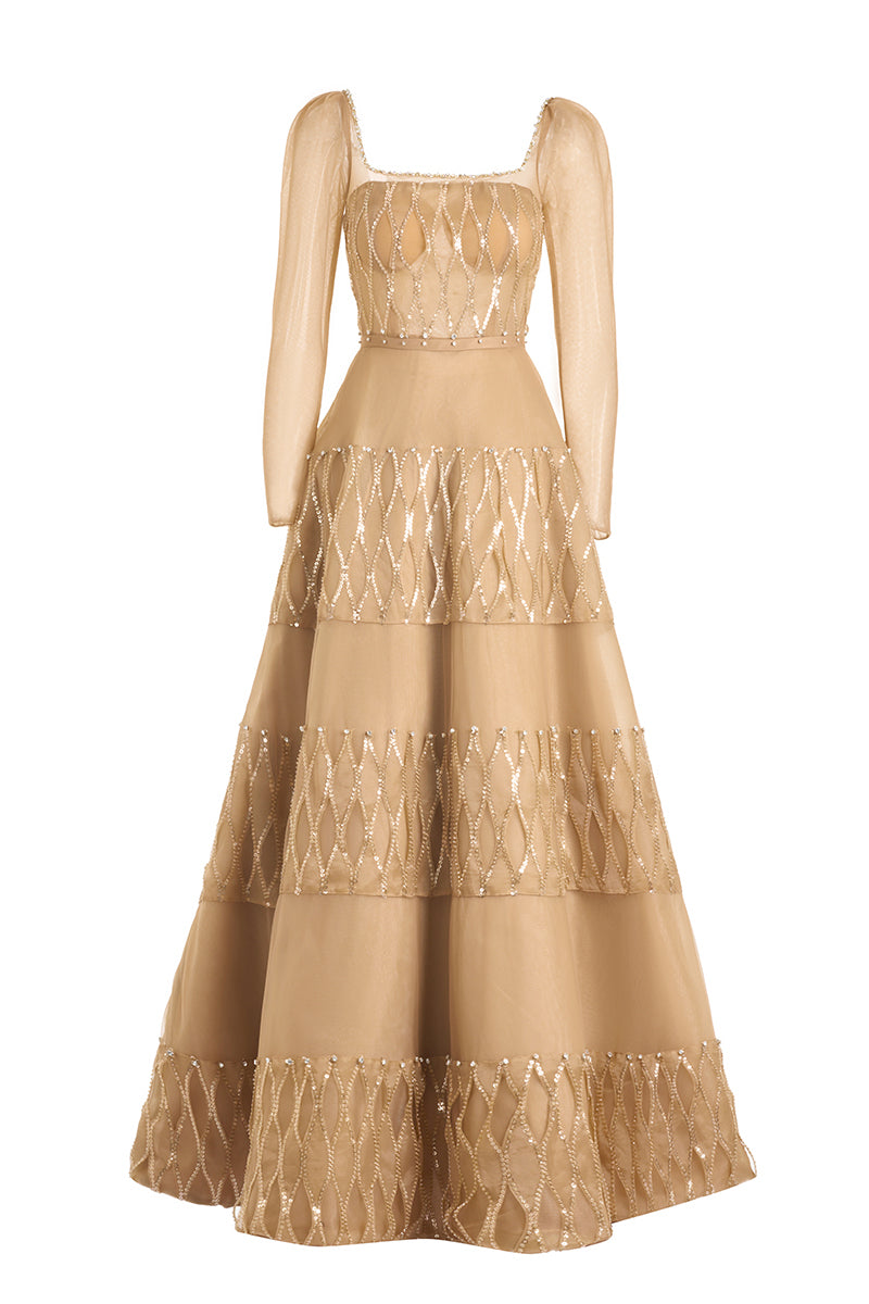 LONG SLEEVED BROWN SQUARE NECK MAXI DRESS - CULT MIA
