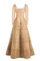 Long-sleeved brown square neck gown by Happy Clothing, featuring a flowing design and elegant fit perfect for formal occasions.