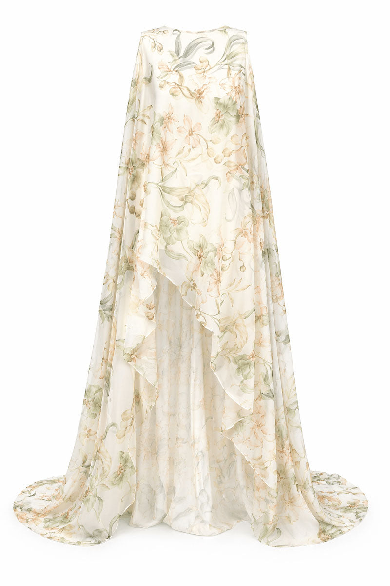 Gigii's ZETA floral maxi dress featuring a vibrant floral pattern and flowing fabric, perfect for summer or special occasions.