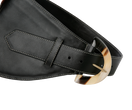 Black leather belt from Adriana Castro's La Jefa collection, featuring a sleek design and polished finish.