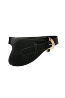 Black leather belt from Adriana Castro's La Jefa collection, featuring a sleek design and subtle branding detail.