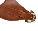 Brown leather belt by Adriana Castro featuring a sleek design and metal buckle, perfect for stylish waist accessories.