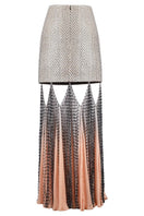 Hand-woven silk blend maxi skirt with chiffon panels in ecru, gray, and peach colors, by AKHL, featuring flowing fabric and intricate weave.