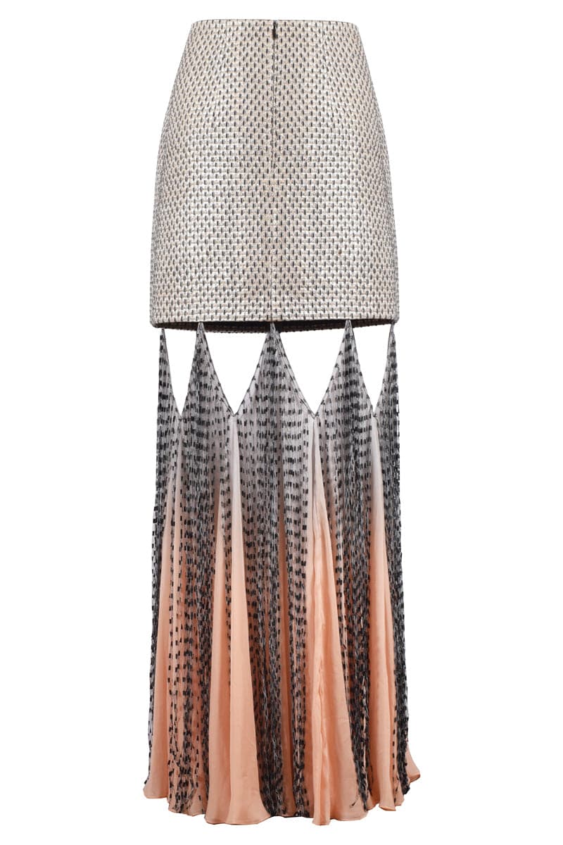Hand-woven silk blend maxi skirt with chiffon panels in ecru, gray, and peach colors, by AKHL, featuring flowing fabric and intricate weave.