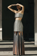 Ecru and gray hand-woven silk blend maxi skirt with flowing chiffon panels by AKHL, styled with a relaxed fit and elegant drape.