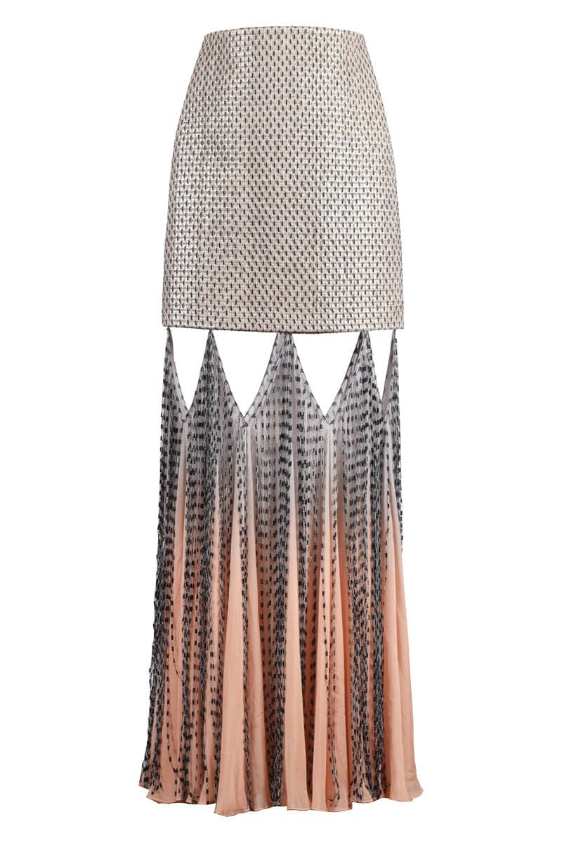 Ecru and gray hand-woven silk blend maxi skirt with flowing chiffon panels, designed by AKHL.