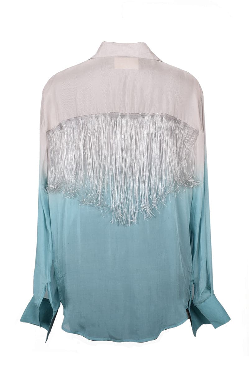 Gray and turquoise silk blouse with fringe detailing from AKHL, featuring a gradient design, perfect for stylish tops.
