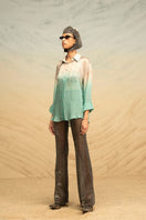 Gray and turquoise silk blouse with fringe detailing and gradient design, by AKHL, shown in XS size.